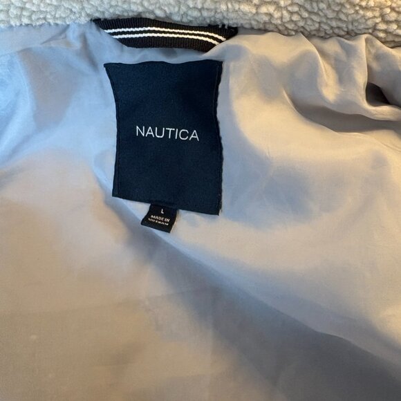 Nautica Gray Faux Fur Hooded Coat Lined Cinch Waist Women's Large - Picture 9 of 9